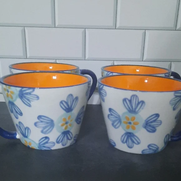 4 Pc Blue and Orange Baum Cara Pattern Floral Ceramic Mugs - Picture 2 of 6